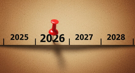 Red pushpin marks the year 2026 on a timeline