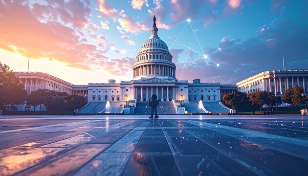 A figure faces a capitol building with a network