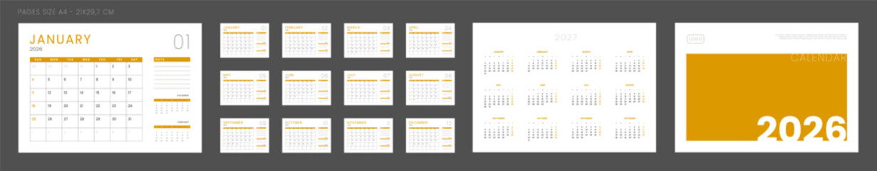 2026 Calendar Planner Set of Template grid Monthly Page with Note, Cover with Place for Photo, Company Logo, Annual 2027. Vector layout of wall or desk calend with week start Sunday in print. Pages A4
