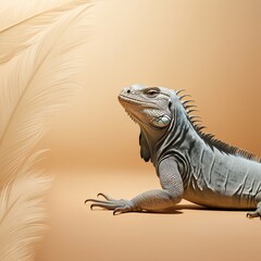 Obraz premium Minimalist Calm Lizard Wallpaper in 4K – Serene Reptile Sunbathing with Detailed Skin Texture on Soft Tan Background, Elegant and Relaxing Animal Design