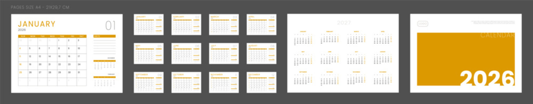 2026 Calendar Planner Set of Template grid Monthly Page with Note, Cover with Place for Photo, Company Logo, Annual 2027. Vector layout of wall or desk calend with week start Sunday in print. Pages A4