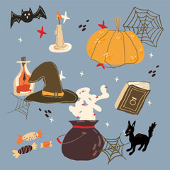 Halloween vector set with pumpkin, witch hat, cauldron, black cat, spider web, candle and candies