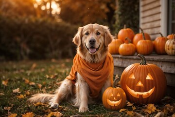 Golden retriever halloween costume photoshoot with pumpkins and fall leaves outdoor photography