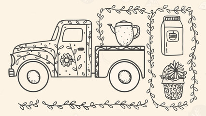 Illustration of a flower decorated truck carrying a teapot and carton framed by vines and leaves