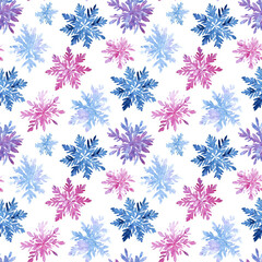 Color winter snowflakes watercolor background, seamless pattern
