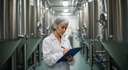 Female professional in a laboratory coat and hairnet is seen writing on a clipboard, likely inspecting equipment, standing in a large industrial facility filled with stainless steel tanks and pipes.