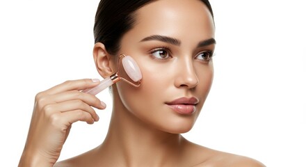 Fototapeta premium Woman using a rose quartz facial roller to massage her cheek, promoting skincare and well-being. Beauty ritual for rejuvenated skin.