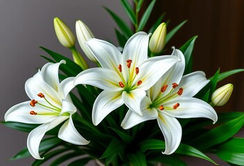 Elegant bouquet of pristine white lilies, lush green foliage,  romantic,  peace