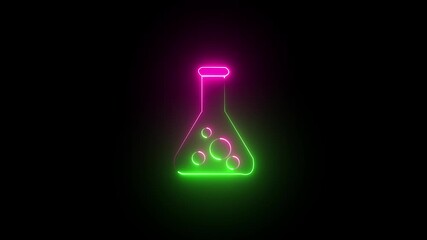 Glowing neon science beakers modern laboratory equipment on black background 4k loop. Glowing neon line Bottle with liquid red and cyan color icon animation on black background - Powered by Adobe