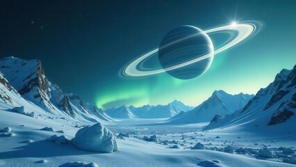 A ringed planet dominates a breathtaking vista of snow-covered mountains under a vibrant aurora