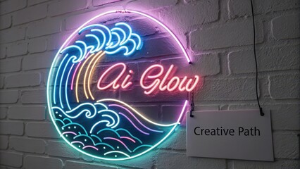 Colorful Neon Sign with Waves and Creative Path Inscription