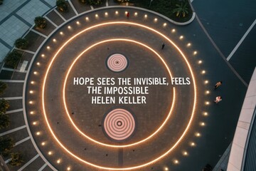 Overhead view of radiating glowing rings with inspiring quote