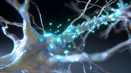 Close up view of a neuron with glowing blue spots depicting a neural network and brain activity