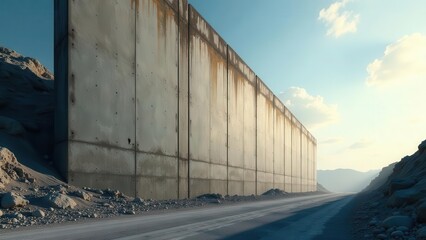A long concrete barrier stretches across a desolate landscape, a weathered road leading towards a hazy mountain range under a pale sky