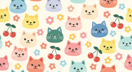 A charmingly cute background pattern filled with cheerful cartoon cats and delightful floral elements.