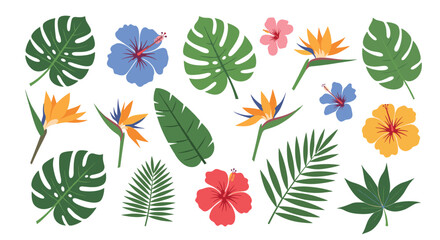 A vibrant collection of tropical foliage and exotic flowers in various colors and shapes.