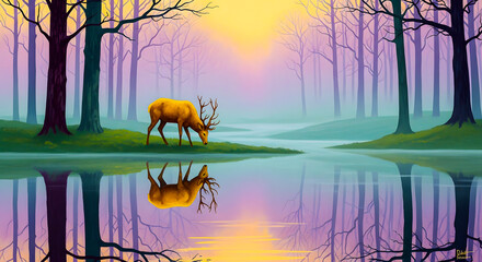 Majestic Golden Deer Grazing by a Serene Lake in a Mystical Forest with Reflections