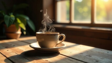 Obraz premium Aromatic morning beverage steaming gently in a rustic ceramic mug, bathed in warm sunlight near a window, on a weathered wooden surface beside a potted plant