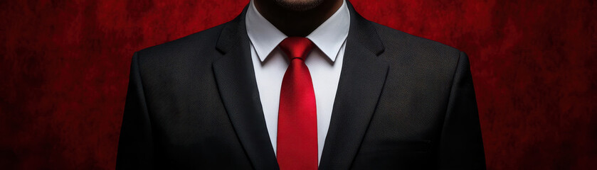 Confident businessman wearing black suit and red tie stands against dark red textured background, exuding professionalism and style