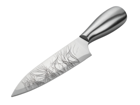 Chefs knife isolated on transparent background with engraved floral pattern