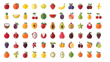Fototapeta premium A large and diverse collection of colorful fruit icons in a flat design style, isolated on a white background.