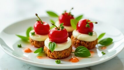 Delectable Appetizers Gourmet Savory Bites Topped with Sweet Marinated Cherries and Creamy Cheese, Garnished with Fresh Basil on an Elegant Plate