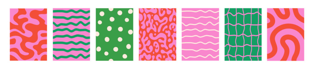 Set of Abstract vertical geometric backgrounds with colorful wavy shapes and lines. Green, pink and red colors. Trendy vector illustration in style retro