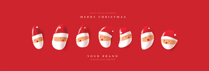 Minimal 3D cute Santa illustrations on red background with copy space for Christmas marketing, poster, banner or holiday promotion.