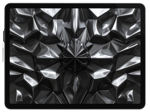 Tablet computer with abstract dark metallic pattern on the screen display isolated on transparent background