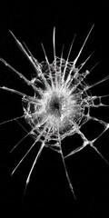 Close-up of a broken glass pane with a spiderweb crack pattern radiating from the point of impact.