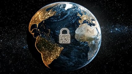 Earth view from space with a digital lock symbol overlay, representing global security and technology - Powered by Adobe