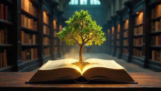 A flourishing sapling emerges from the pages of an ancient tome, bathed in a golden light, within a majestic library setting.