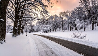 Obraz premium A snow-covered road through a tranquil winter park