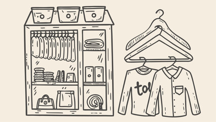 Illustration of a closet with clothes hanging and folded and some items on the shelves and hangers