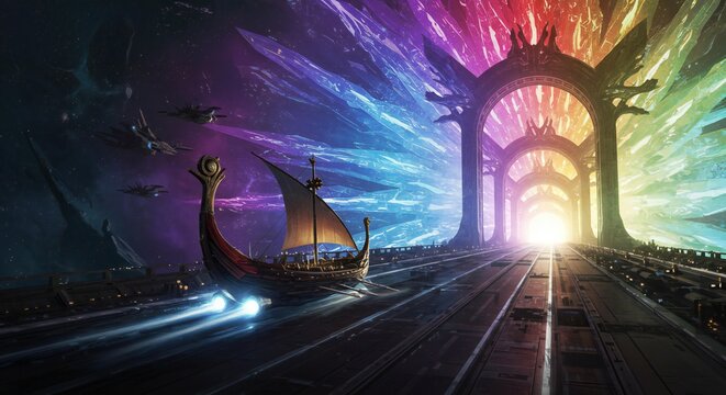 Asgardian Longship's Epic Journey to the Luminous Bifrost Bridge: A Shimmering Gateway to the Cosmos in Futuristic Fantasy