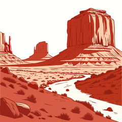 Vector art of a captivating illustration showcases the majestic monument valley with its iconic sandstone buttes, a winding river, and sparse desert vegetation