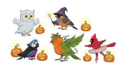 Whimsical Halloween Bird Gathering: A charming illustration showcases a delightful ensemble of feathered friends, each donned in whimsical Halloween attire.