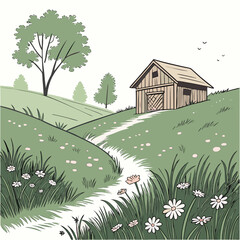 Vector art of a charming countryside vista featuring a quaint barn nestled on a grassy hill, a winding path leading through a meadow of wildflowers, and a tranquil scene of rural beauty