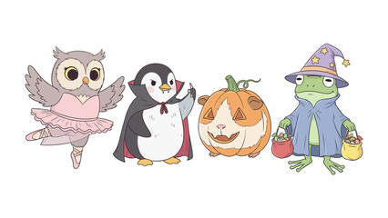 Halloween Animals: A whimsical illustration features an owl dressed as a ballerina, a penguin in a vampire cape, a guinea pig in a pumpkin, and a frog in a wizard's hat. These charming characters.