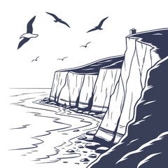 Vector art of a striking monochrome illustration captures the dramatic cliffs meeting the sea, with seagulls in flight, the artwork highlights the rugged beauty of the coast © md ruhul11