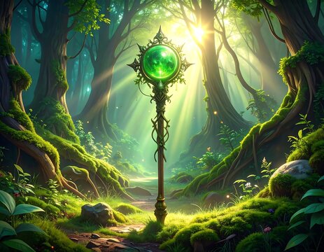 A magical green staff in a sunlit fantasy forest
