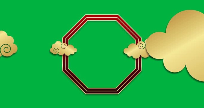 Animation of chinese new year god and red decoration over transparent background