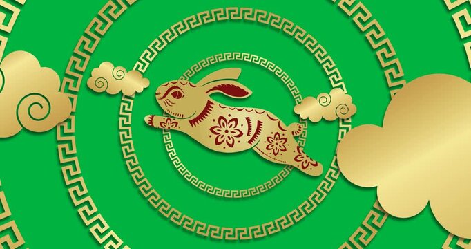 Animation of chinese new year god circles and rabbit decoration over transparent background