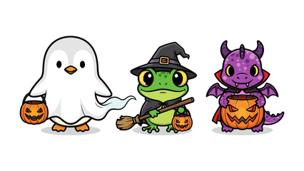 Whimsical Halloween Trio: A cute cartoon illustration showcases a playful trio of Halloween characters: a friendly ghost, a witch frog, and a charming dragon, each holding a jack-o'-lantern bucket.