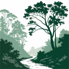 Obraz premium Vector art of a serene forest scene with a winding river flowing through lush green trees, creating a tranquil and natural landscape