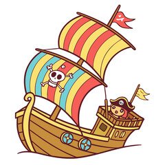 Fototapeta premium Vector art of a delightful cartoon pirate ship, complete with a skull flag and a cute pirate captain, perfect for adding a touch of whimsy to any project