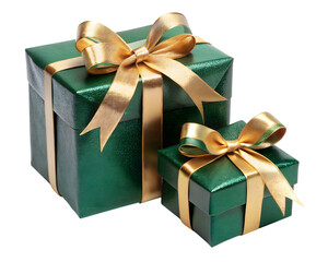 Obraz premium Two Green Glittery Gift Boxes with Gold Ribbons on a Black Background