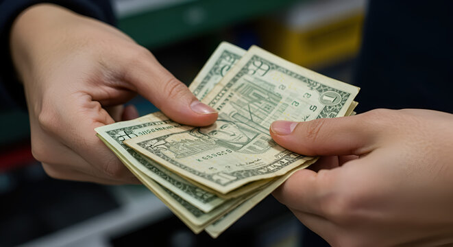 Close-up shot of hands exchanging US dollar bills, illustrating financial transactions amidst economic recession concerns and the need for careful budgeting and saving - Powered by Adobe