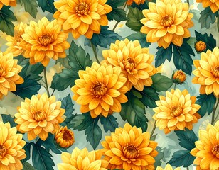Watercolor Floral Pattern of Yellow Dahlias and Green Leaves for Surface Design
