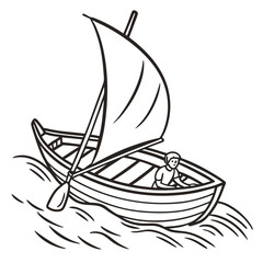 Vector art of a handdrawn illustration of a man sailing in a small boat, the boat has a sail and an oar, and the man is paddling the water is choppy, and the sky is clear